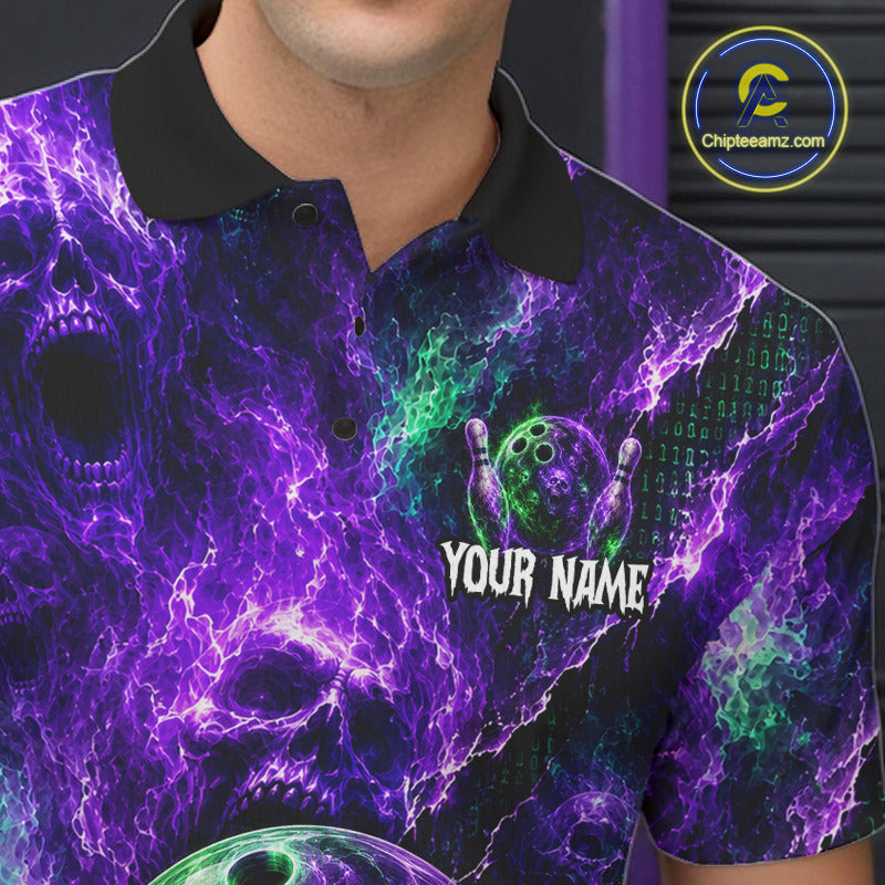 A close-up of a person wearing a short-sleeve polo shirt with a black collar and a vivid purple, green, and black skull-and-electric-flare print. The shirt includes bowling pin graphics, the text 'YOUR NAME,' and a visible 'Chipteeamz.