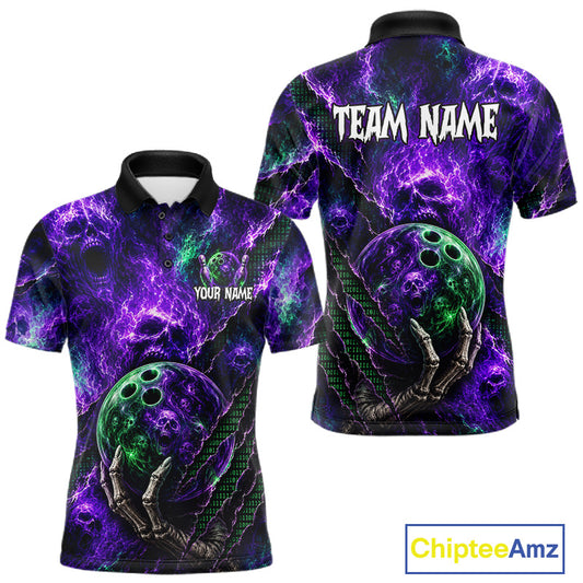Front and back views of a short-sleeve polo shirt with a purple and black lightning-patterned background, featuring a green bowling ball held by skeletal hands and customizable text placeholders 'YOUR NAME' and 'TEAM NAME'.