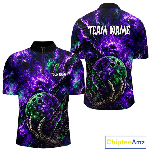 Front and back views of a short-sleeve polo shirt with a purple and black electric lightning pattern, featuring a green bowling ball graphic held by a skeletal hand, customizable text placeholders, and a ChipteeAmz logo in the corner.