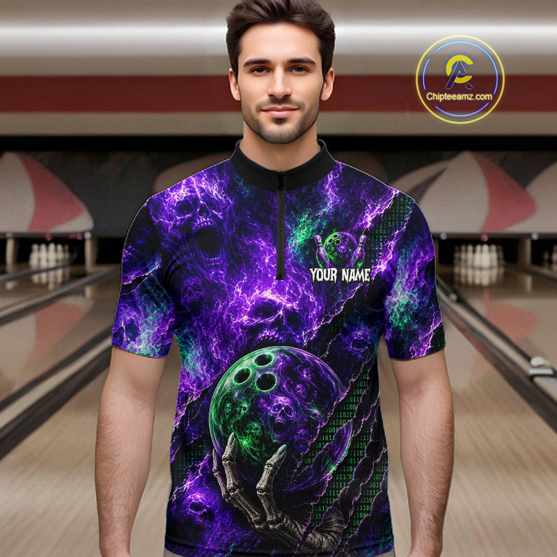 A man wearing a short-sleeve quarter-zip bowling shirt with a purple and green cosmic skull design, standing in a bowling alley. The shirt features a skull, bowling balls, and the text 'YOUR NAME' on the front.