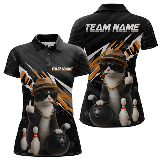 Custom Orange Funny Cat Bowling Jersey for Women Bowling Shirt Polo & 1/4 Zip Bowling Team Shirts HNT136