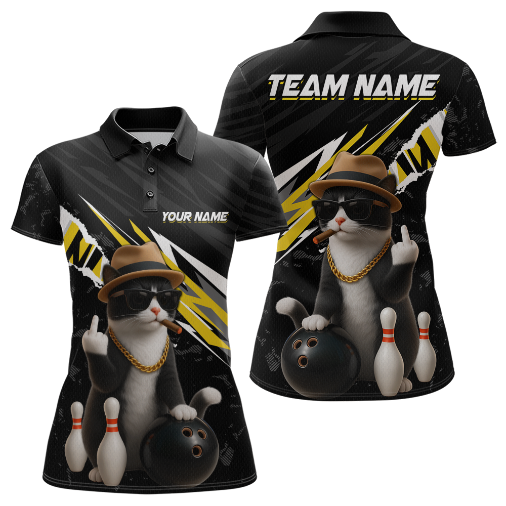 Custom Yellow Funny Cat Bowling Jersey for Women Bowling Shirt Polo & 1/4 Zip Bowling Team Shirts HNT136