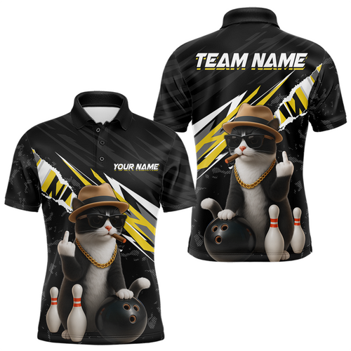 Custom Yellow Funny Cat Bowling Jersey for Men Bowling Shirt Polo & 1/4 Zip Bowling Team Shirts HNT136