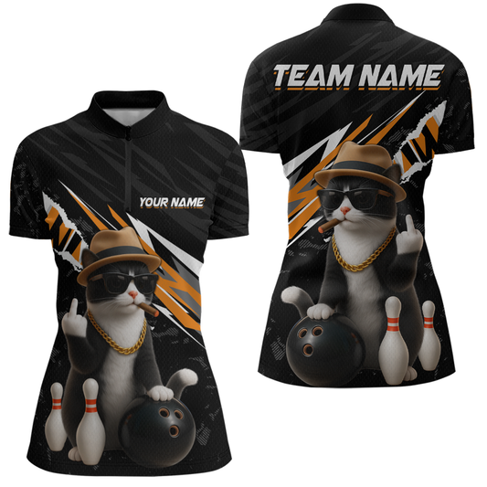 Custom Orange Funny Cat Bowling Jersey for Women Bowling Shirt Polo & 1/4 Zip Bowling Team Shirts HNT136