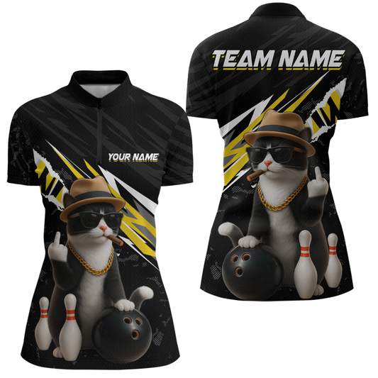 Custom Yellow Funny Cat Bowling Jersey for Women Bowling Shirt Polo & 1/4 Zip Bowling Team Shirts HNT136