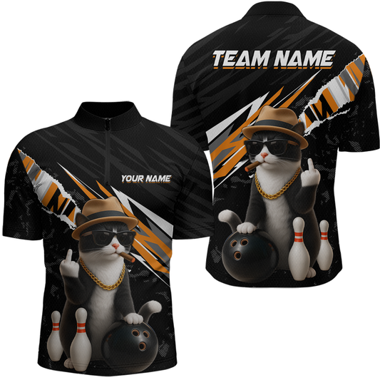 Custom Orange Funny Cat Bowling Jersey for Men Bowling Shirt Polo & 1/4 Zip Bowling Team Shirts HNT136