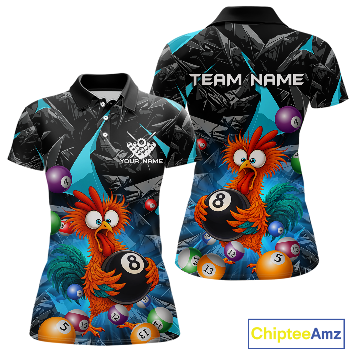 Custom Funny Turquoise Chicken 8 Ball Pool Billiard Shirt for Women Polo & 1/4 Zip, Billiard Team Jerseys NNT148