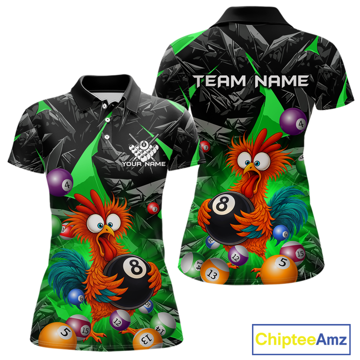 Custom Funny Green Chicken 8 Ball Pool Billiard Shirt for Men Polo & 1/4 Zip, Billiard Team Jerseys NNT148