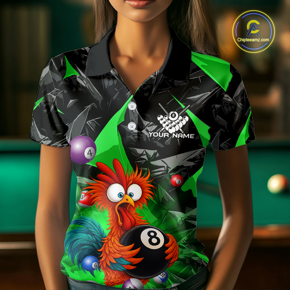 Custom Funny Green Chicken 8 Ball Pool Billiard Shirt for Men Polo & 1/4 Zip, Billiard Team Jerseys NNT148