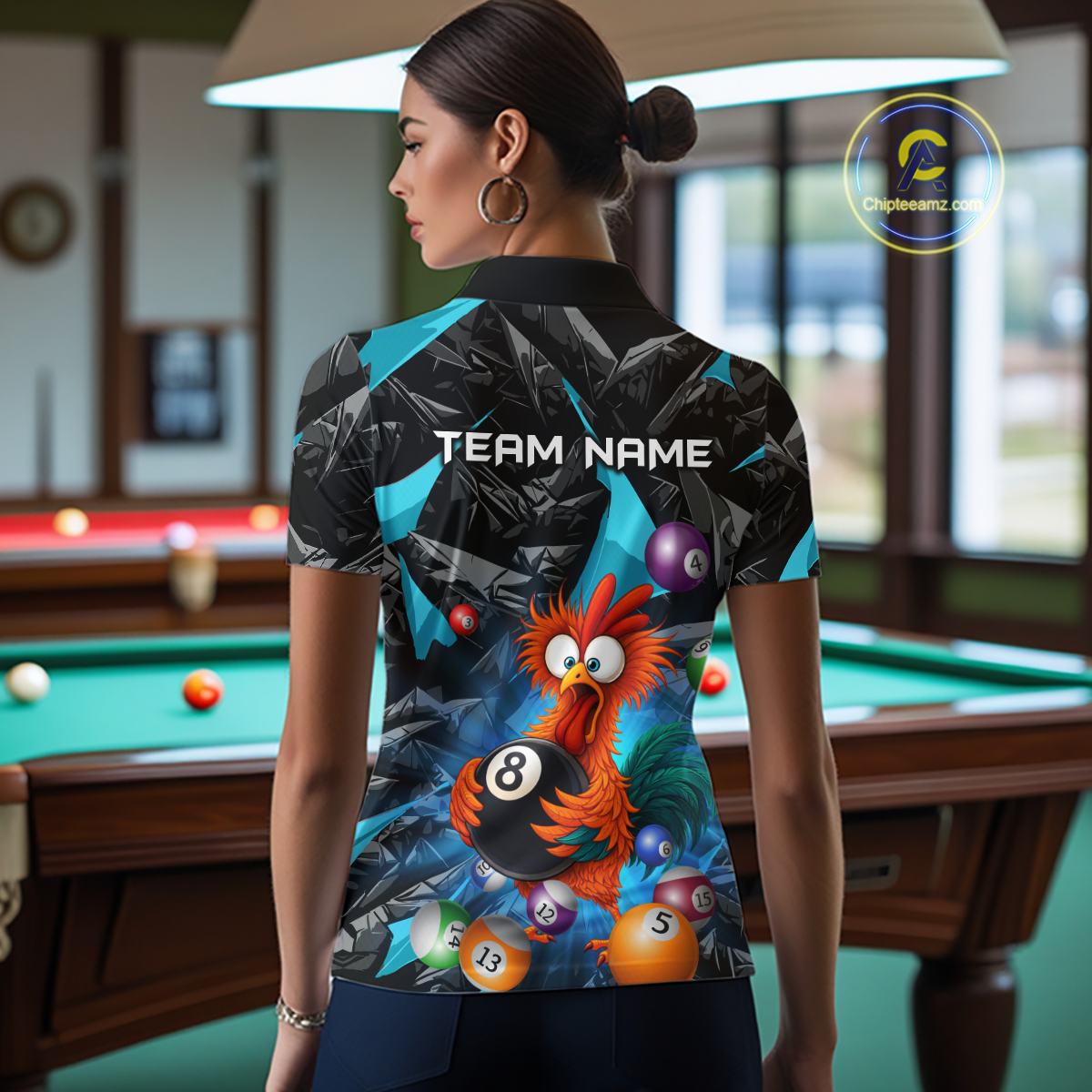 Custom Funny Turquoise Chicken 8 Ball Pool Billiard Shirt for Women Polo & 1/4 Zip, Billiard Team Jerseys NNT148