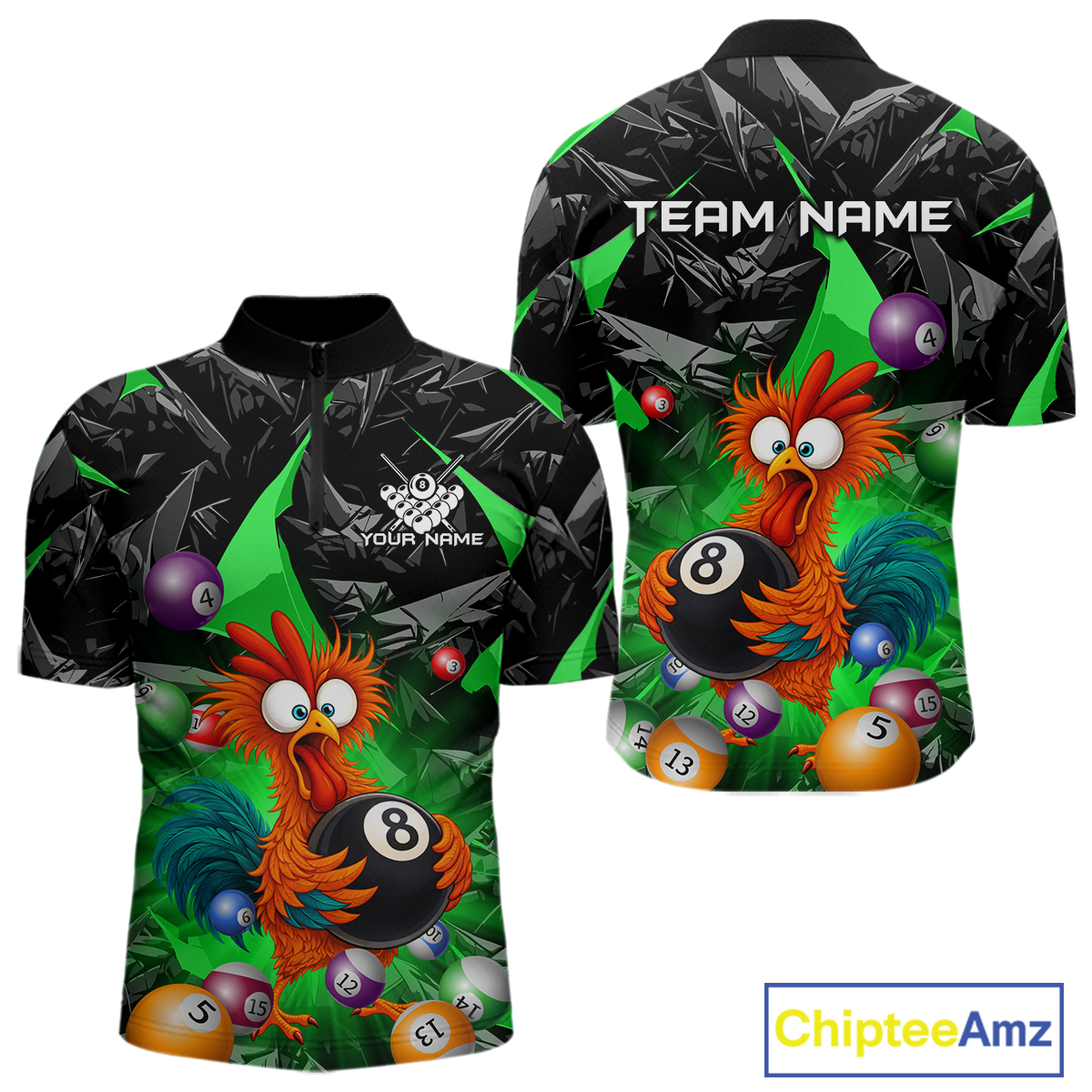 Custom Funny Green Chicken 8 Ball Pool Billiard Shirt for Men Polo & 1/4 Zip, Billiard Team Jerseys NNT148