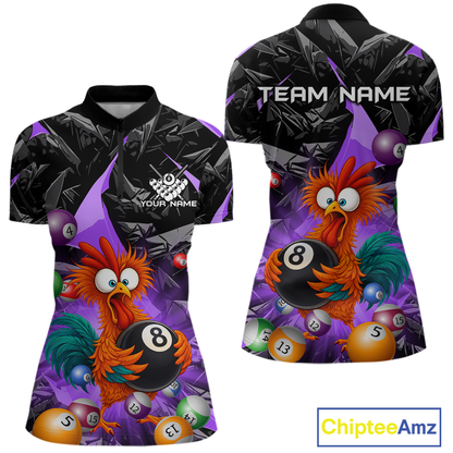 Custom Funny Purple Chicken 8 Ball Pool Billiard Shirt for Women Polo & 1/4 Zip, Billiard Team Jerseys NNT148
