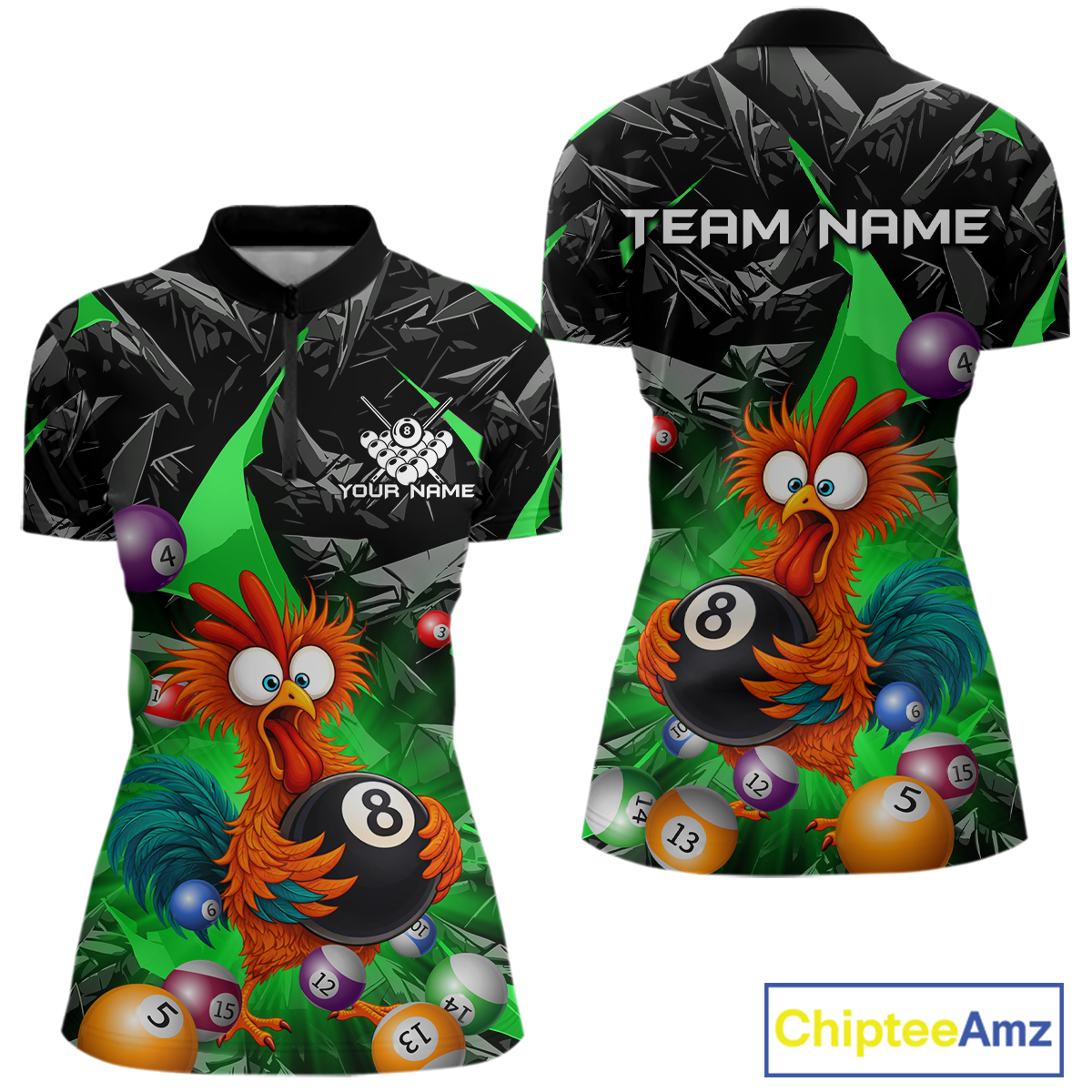 Custom Funny Green Chicken 8 Ball Pool Billiard Shirt for Men Polo & 1/4 Zip, Billiard Team Jerseys NNT148