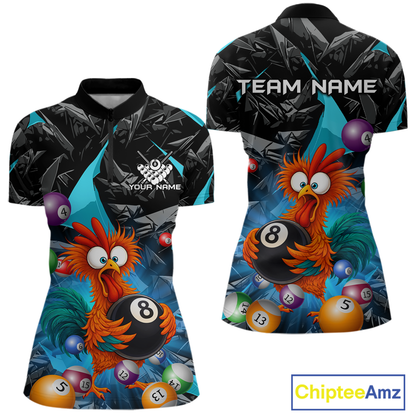 Custom Funny Turquoise Chicken 8 Ball Pool Billiard Shirt for Women Polo & 1/4 Zip, Billiard Team Jerseys NNT148