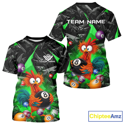 T-shirt with a colorful rooster design and billiard balls on a black and green abstract background, featuring 'ChipteeAmz' branding.