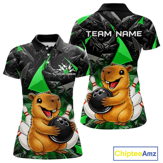 Custom Green Capybara Bowling Jersey for Women Bowling Team Shirts Bowling Polo & 1/4 Zip HNT255