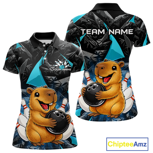 Custom Turquoise Capybara Bowling Jersey for Women Bowling Team Shirts Bowling Polo & 1/4 Zip HNT255