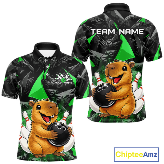 Custom Green Capybara Bowling Jersey for Men Bowling Team Shirts Bowling Polo & 1/4 Zip HNT255