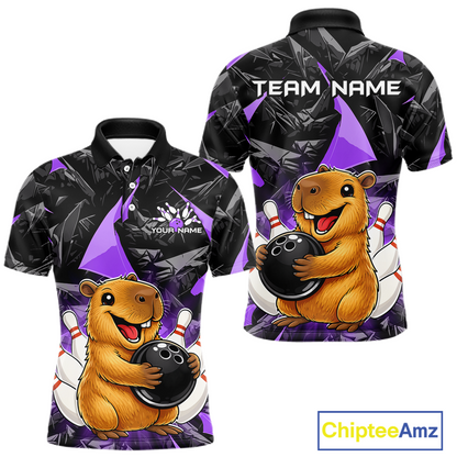 Custom Purple Capybara Bowling Jersey for Men Bowling Team Shirts Bowling Polo & 1/4 Zip HNT255