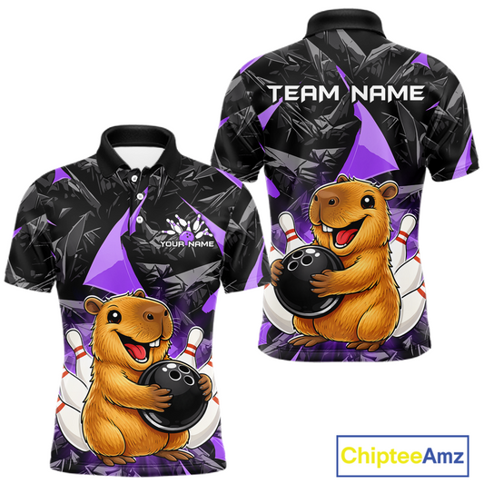 Custom Purple Capybara Bowling Jersey for Men Bowling Team Shirts Bowling Polo & 1/4 Zip HNT255