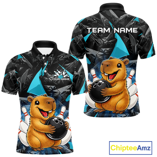 Custom Turquoise Capybara Bowling Jersey for Men Bowling Team Shirts Bowling Polo & 1/4 Zip HNT255