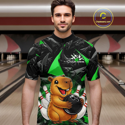 Custom Green Capybara Bowling Jersey for Men Bowling Team Shirts Bowling Polo & 1/4 Zip HNT255