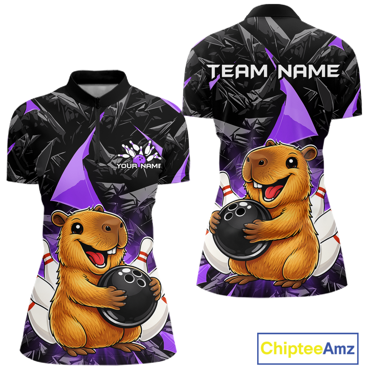 Custom Purple Capybara Bowling Jersey for Women Bowling Team Shirts Bowling Polo & 1/4 Zip HNT255