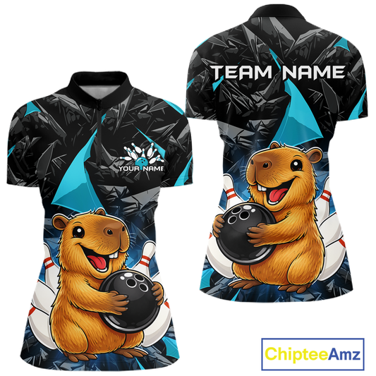 Custom Turquoise Capybara Bowling Jersey for Women Bowling Team Shirts Bowling Polo & 1/4 Zip HNT255