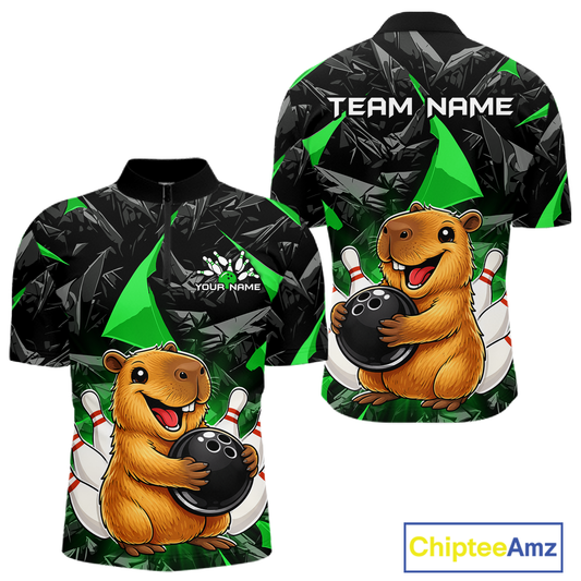 Custom Green Capybara Bowling Jersey for Men Bowling Team Shirts Bowling Polo & 1/4 Zip HNT255