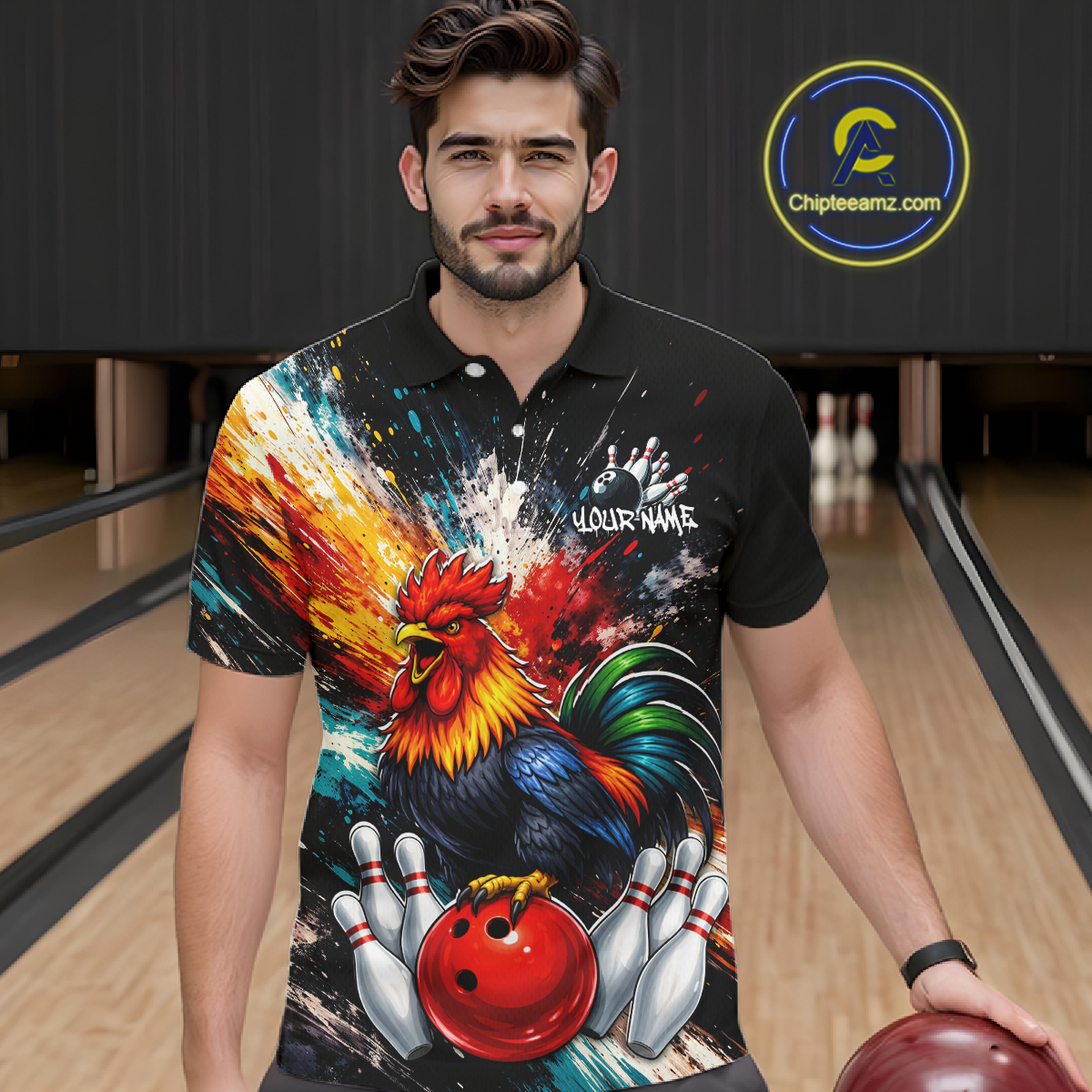 Custom Funny Rooster Bowling Jersey for Men Bowling Team Shirts Bowling Polo & 1/4 Zip HNT256
