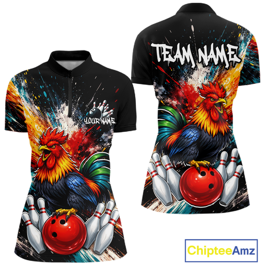 Custom Funny Rooster Bowling Jersey for Women Bowling Team Shirts Bowling Polo & 1/4 Zip HNT256