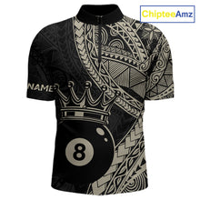 Load image into Gallery viewer, Men’s fitted quarter zip dress in black and gold tones with layered Polynesian-style designs, abstract geometric textures, and a large crowned 8-ball centerpiece.