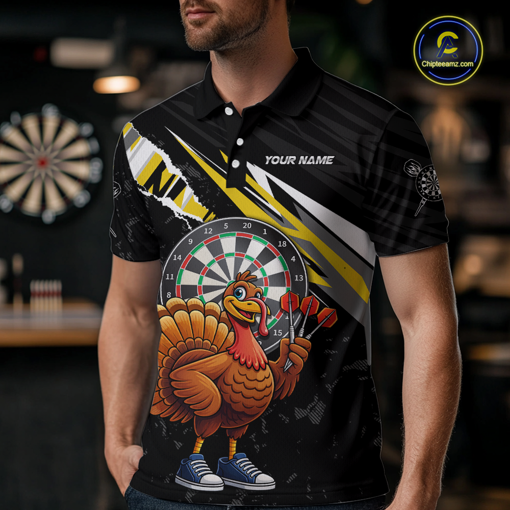 Yellow Funny Turkey Chicken Darts Shirt for Men Darts Team Jerseys Polo & 1/4 Zip Dart League NNT130