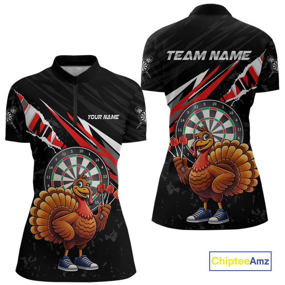 Red Funny Turkey Chicken Darts Shirt for Women Darts Team Jerseys Polo & 1/4 Zip Dart League NNT130