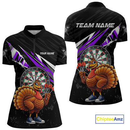 Purple Funny Turkey Chicken Darts Shirt for Women Darts Team Jerseys Polo & 1/4 Zip Dart League NNT130