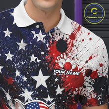 Load image into Gallery viewer, Polo shirt with American flag design, bowling elements, and 'Your Name' text on a dark background.