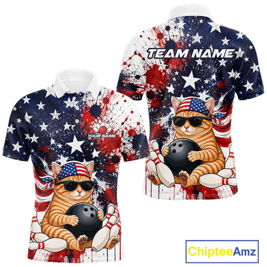 Front and back views of a patriotic bowling polo featuring a sunglasses-wearing orange tabby cat with an American flag bandana, bowling ball and pins, plus personalized name and team name text.