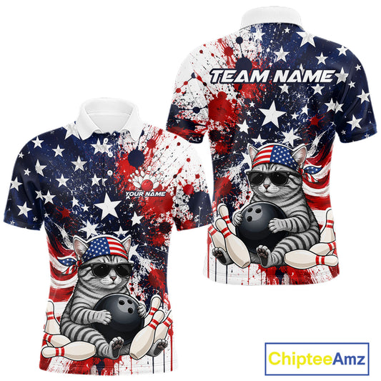 Front and back views of a patriotic bowling polo featuring a sunglasses-wearing orange tabby cat with an American flag bandana, bowling ball and pins, plus personalized name and team name text.