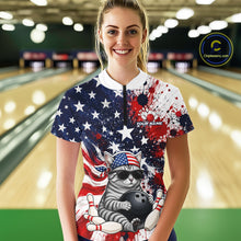 Load image into Gallery viewer, Woman wearing a colorful bowling shirt with a cat design in a bowling alley.