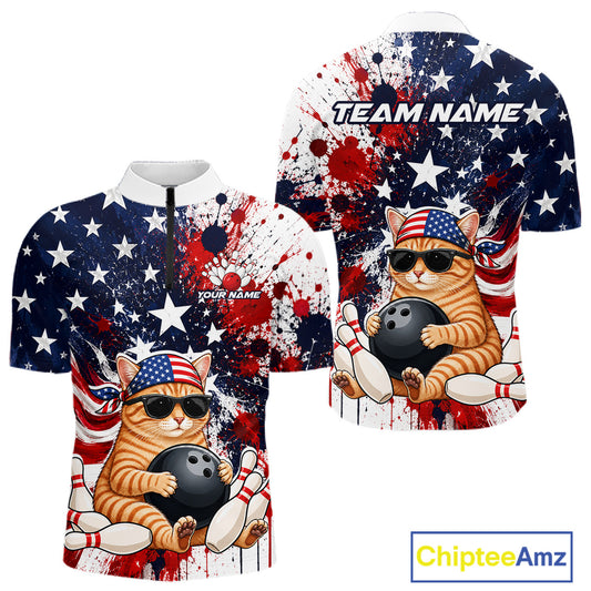 Front and back views of a patriotic bowling quarter zip featuring a sunglasses-wearing orange tabby cat with an American flag bandana, bowling ball and pins, plus personalized name and team name text.