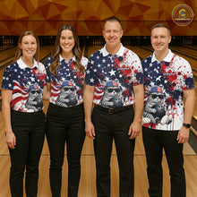 Load image into Gallery viewer, Four people wearing matching American flag-themed shirts with cat graphics in a bowling alley.