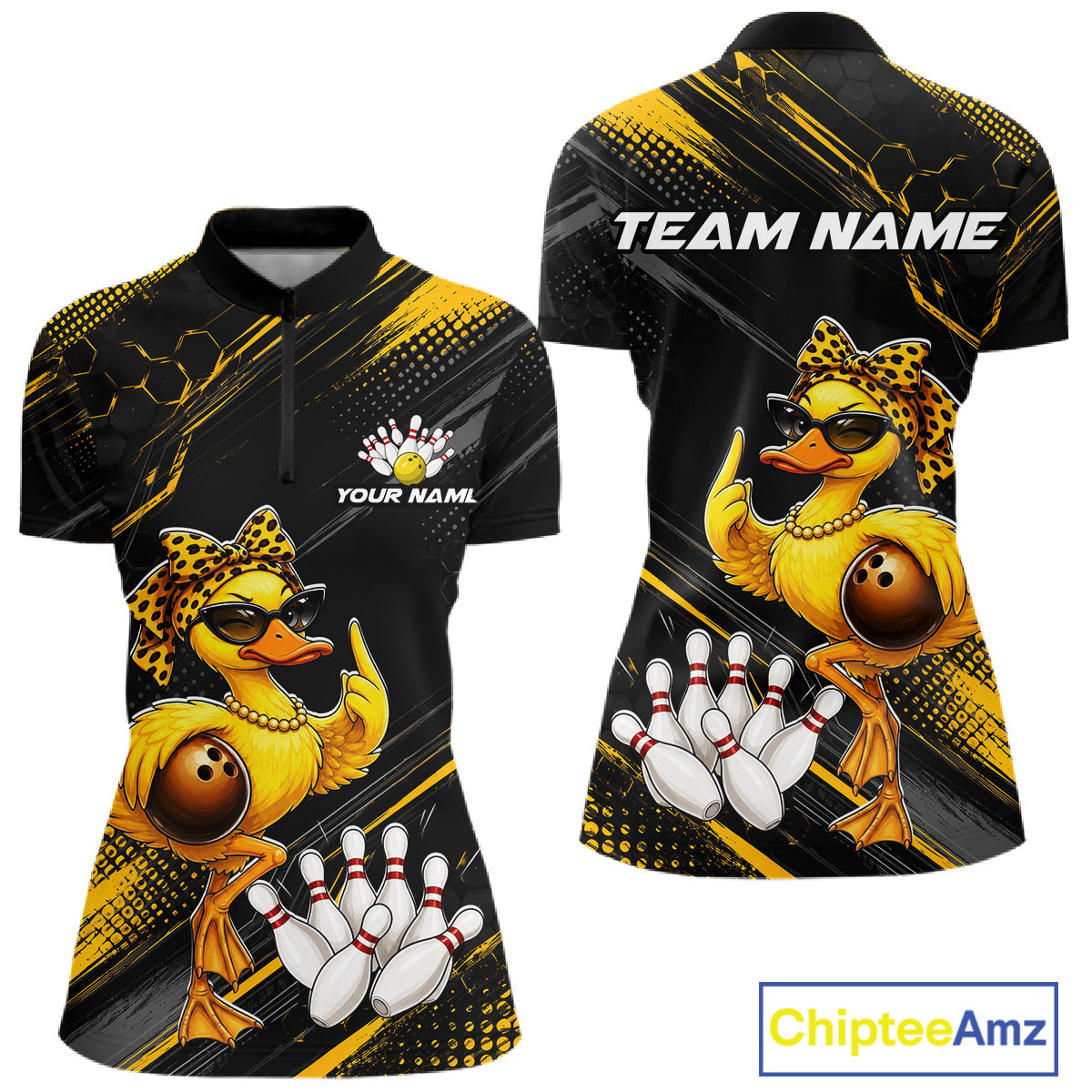 Bowling-themed shirts with a duck design and customizable text on a white background.