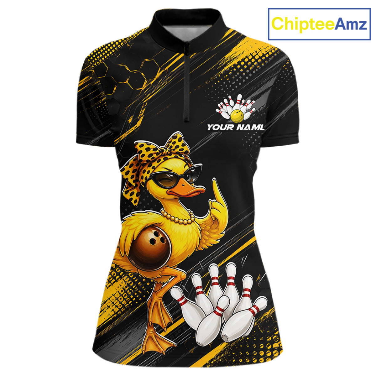 Bowling-themed shirt with a duck design and 'ChipteeAmz' branding.