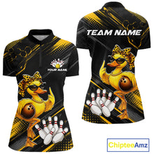 Load image into Gallery viewer, Bowling-themed shirts with a duck design and customizable text on a white background.