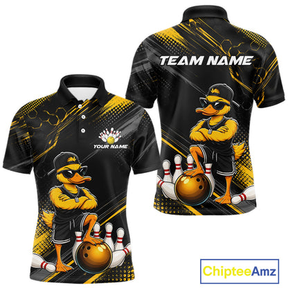 Bowling-themed polo shirt with duck character and customizable text on a white background