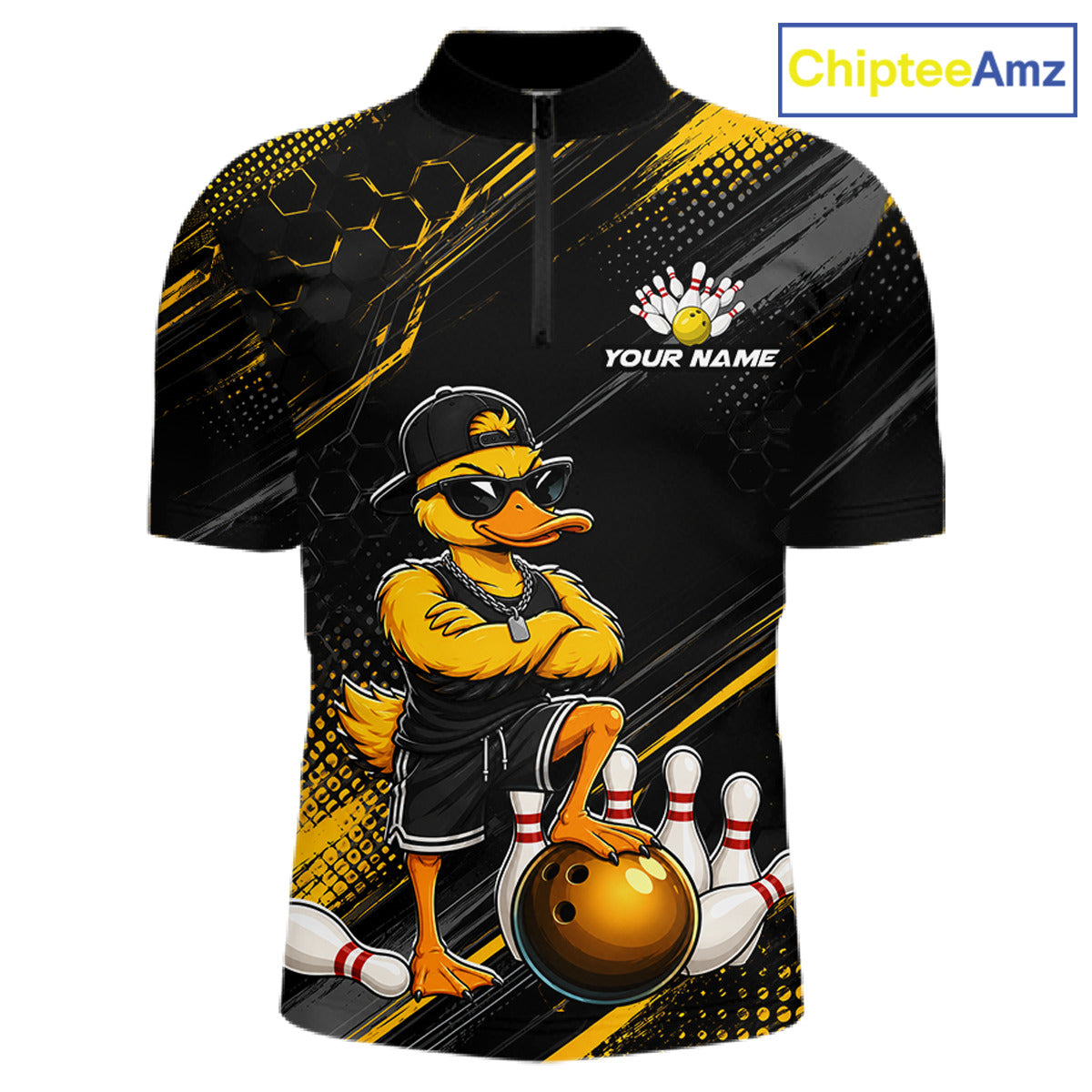 Black and yellow bowling shirt with cartoon duck character and 'ChipteeAmz' branding.