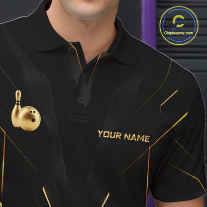 Black polo shirt with gold accents and 'Your Name' text, featuring bowling pins and ball graphics.