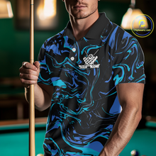 Load image into Gallery viewer, Man wearing a black billiards polo with teal and turquoise marble swirls, a custom chest name logo, and a pool table in the background.