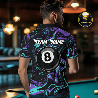 Back view of a man wearing a black billiards polo with teal and purple marble swirls, “TEAM NAME” text, and a large 8-ball graphic.
