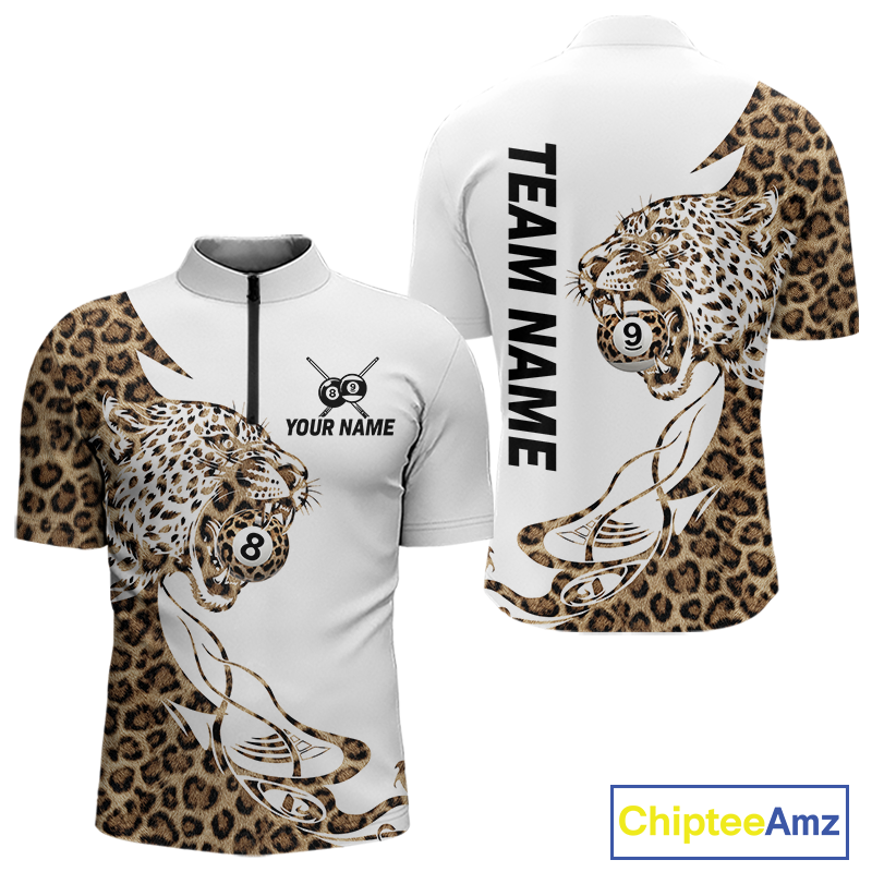 Front and back views of a white billiards quarter zip with leopard-print panels, a roaring leopard graphic, custom team text, and 8-ball and 9-ball details.